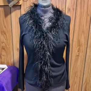 Alberto Makali Black Feather-Trim Cardigan